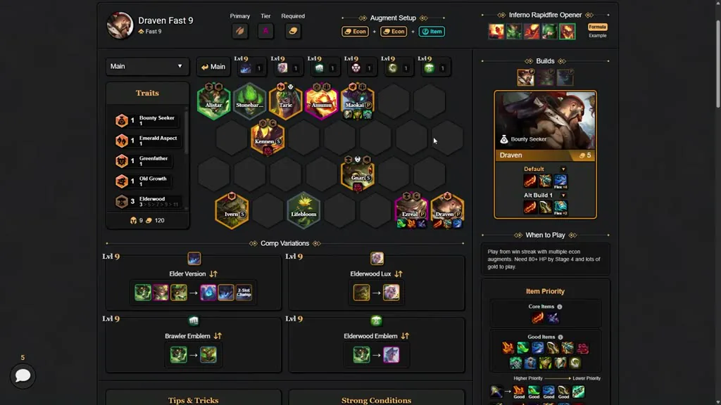 บอร์ด Draven Fast 9 จาก TFT Flow — Allistar/Taric/Amumu/Maokai แถวหน้า, Kennen กลาง, Gnar, Ivern/Lifebloom/Ezreal/Draven