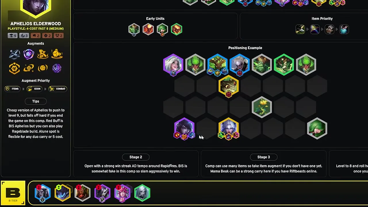 หน้า TFT Academy Aphelios Elderwood (4-COST FAST 8 ระดับปานกลาง ชั้น B) ที่ 18:30 ขณะเขาพูดถึงบอร์ด Elderwood ที่ใช้ Lil