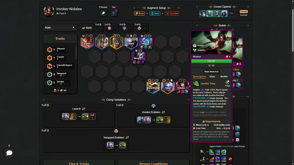 บอร์ด Invoker Nidalee จาก TFT Flow — Rakan/Vi/Taric/Diana/Sentinel แถวหน้า, Morgana กลาง, Kog'Maw/Alune/Nidalee หลัง — จ