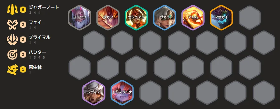 บอร์ด AD Flex เปิด Juggernaut(6), Fae(2), Primal(2), Hunter(2), Elderwood(1) พร้อม Sivir กับ Tristana แถวหน้า