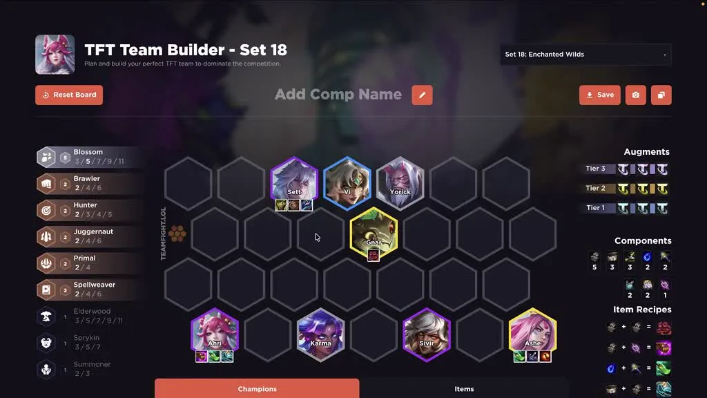 บอร์ด Blossom Ahri — Sett/Vi/Yorick แถวหน้า, Gnar กลาง, Ahri/Karma/Sivir/Ashe หลัง — จากคลิป BunnyMuffins นาที 2:32