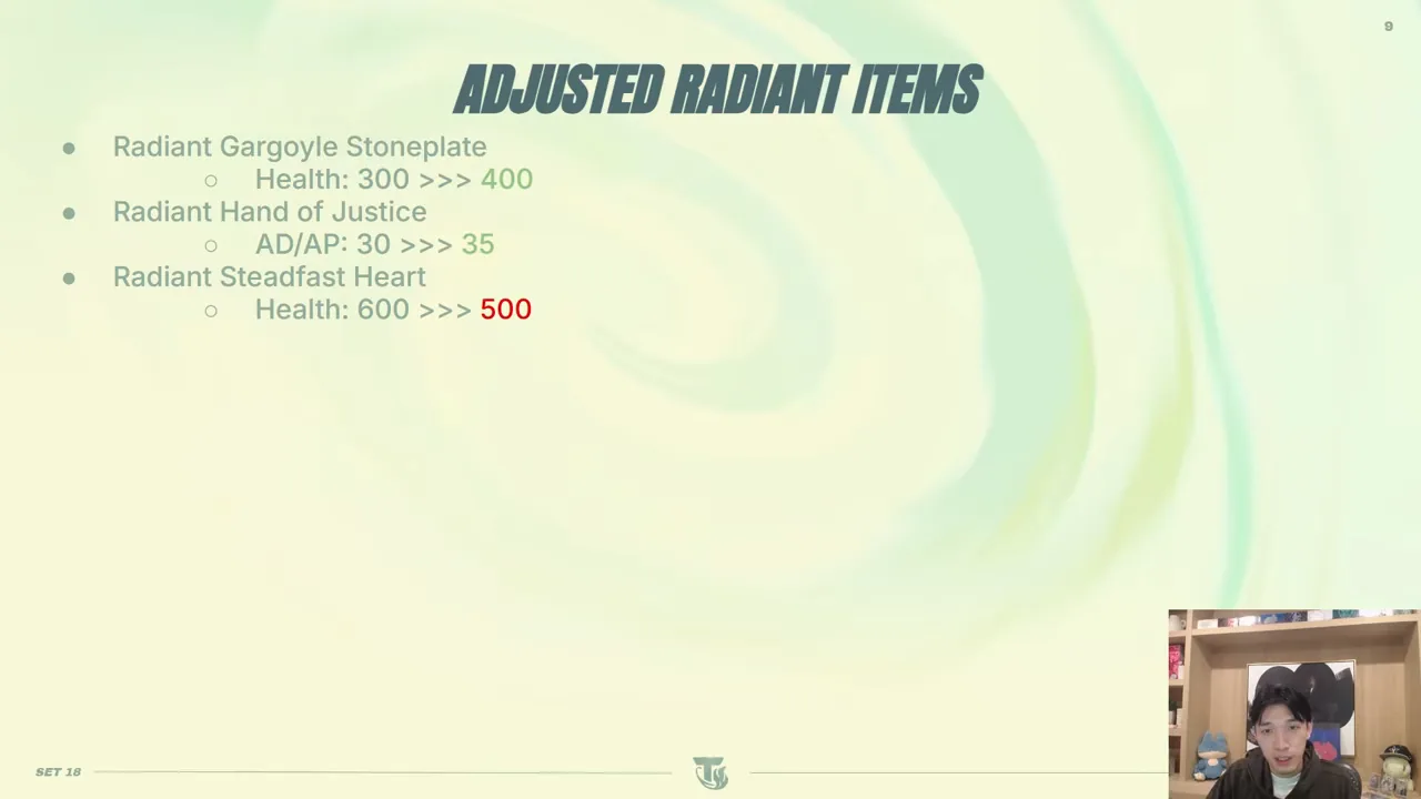 สไลด์ Adjusted Radiant Items: Radiant Gargoyle Stoneplate HP 300→400, Radiant Hand of Justice AD/AP 30→35, Radiant Stead