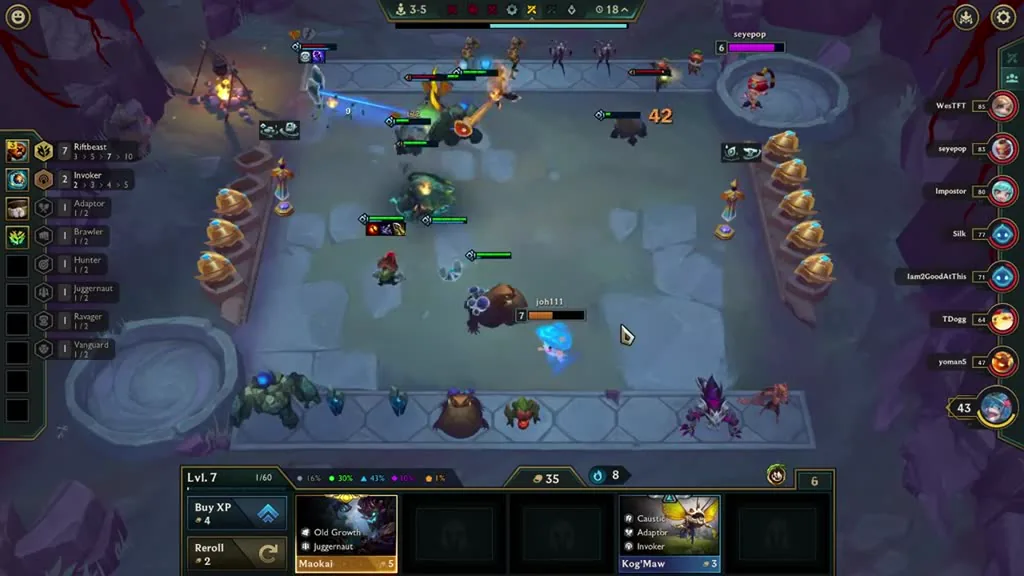 บอร์ดเลเวล 7 ที่ 3-5 — แถบซ้ายยืนยัน Riftbeast (7) กับ Invoker (2) และมี 35 ทองในมือ