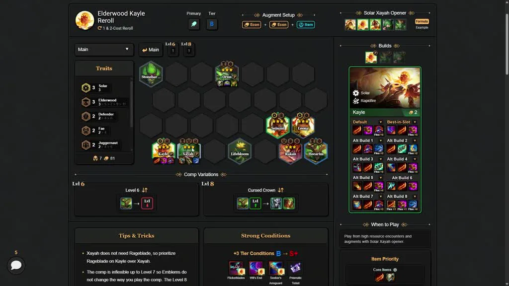บอร์ด Elderwood Kayle จาก TFT Flow — Stonebark/Ornn แถวหน้า, Sejuani/Leona กลาง, Kayle/Xayah/Lifebloom/Rakan/Hecarim หลั