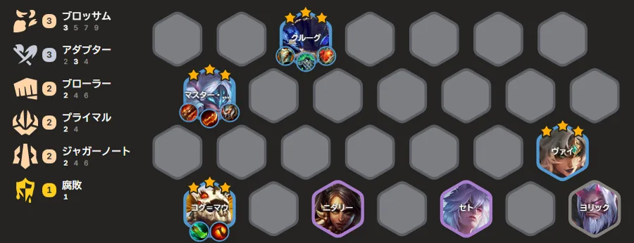 บอร์ด Master Yi แบบ Artifact: trait Blossom 3, Adaptor 3, Brawler 2, Primal 2, Juggernaut 2 มี Krug ★3 ถือไอเทมยืนหน้าสุ