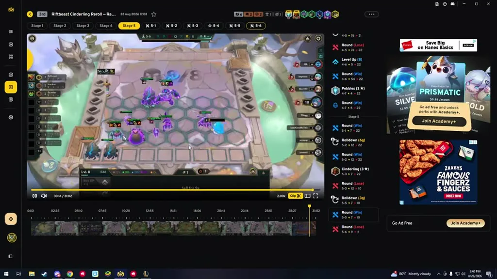 log ของเกมจริงจากหน้ารีวิว VOD — เห็นจังหวะขึ้นเลเวล 8 ที่ 4-6, Pebbles 3 ดาวที่ 4-7 และ Cinderling 3 ดาวที่ 5-3