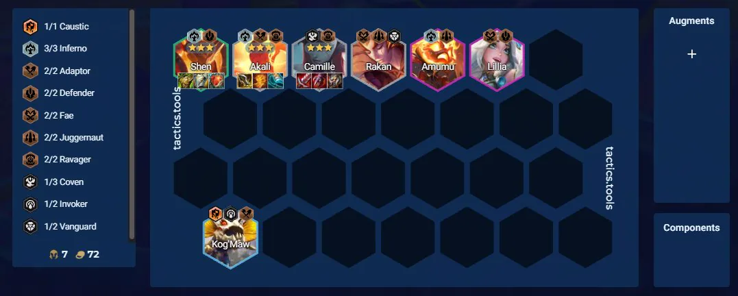บอร์ด Akali Reroll เลเวล 7 — Shen, Akali, Camille 3 ดาวถือไอเทมเต็ม · Rakan, Amumu, Lillia แถวหน้า · Kog'Maw หลัง