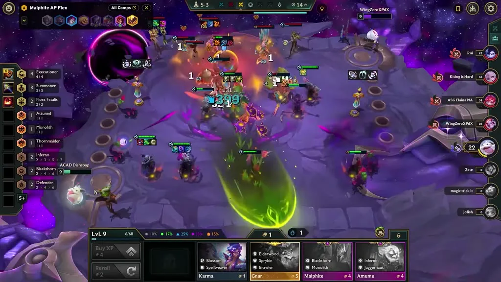 เกมของ Dishsoap ที่เลเวล 9 ด่าน 5-3 (2:20) ร้านค้าแสดง Malphite (Blackthorn, Monolith) และ Amumu (Inferno, Juggernaut) ต