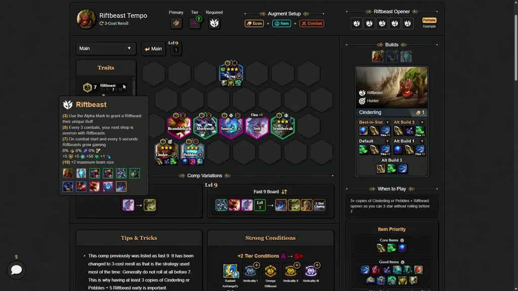 บอร์ด Riftbeast Tempo จาก TFT Flow — Krug ยืนหน้าสุดตัวเดียว, Brambleback/Murkwolf/Sentinel/Sett/Scuttlecrab กลาง, Cinde