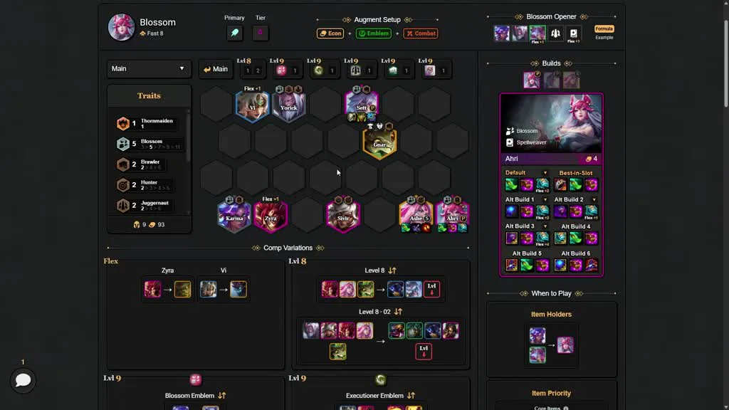 บอร์ด Blossom จาก TFT Flow — Vi/Yorick/Sett แถวหน้า, Gnar กลาง, Karma/Zyra/Sivir/Ashe/Ahri หลัง — จากคลิป GM Blue นาที 1