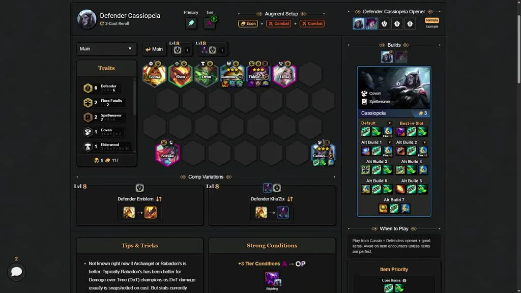 บอร์ด Defender Cassiopeia จาก TFT Flow — Leona/Shen/Ornn/Rammus/Fiddlesticks/Lillia แถวหน้า, Soraka มุมซ้ายหลัง, Cassiop