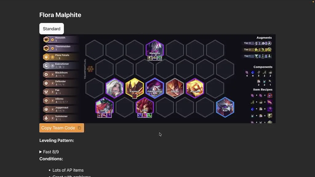 บอร์ด Flora Malphite — Malphite โซโล่หน้า, Lillia/Kennen/Fiddlesticks/Rakan/Amumu กลาง, Soraka/Zyra/Azir หลัง — จากคลิป