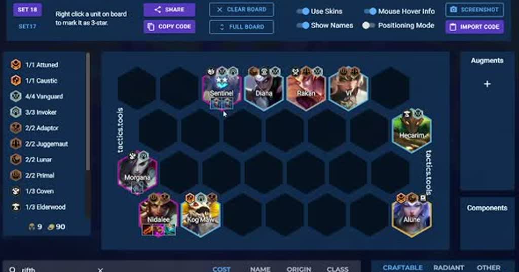 บอร์ด Nidalee Vanguard — Sentinel/Diana/Rakan/Vi แถวหน้า, Hecarim มุมขวา, Morgana ซ้าย, Nidalee/Kog'Maw หลัง, Alune มุมข