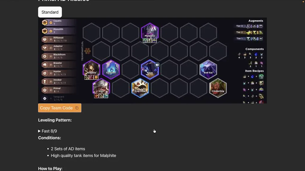 บอร์ด Primal AD Nidalee — Malphite โซโล่หน้า, Nidalee/Sentinel/Krug/Rek'Sai กลาง, Sivir/Kog'Maw/Cinderling หลัง — จากคลิ