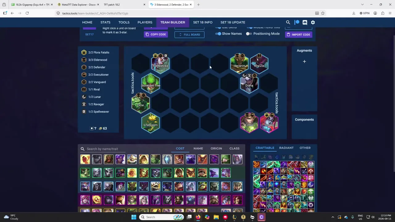 บอร์ด Kha'Zix ที่ 10:15 ใน team builder ของ tactics.tools (เปิดชื่อยูนิต): Fiddlesticks, Hecarim, Kha'Zix, Stonebark Tre