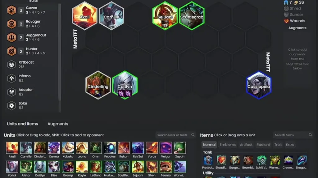 บอร์ดตัวอย่างใน Team Builder มี Coven 3 Ravager 2 Juggernaut 2 Hunter 2