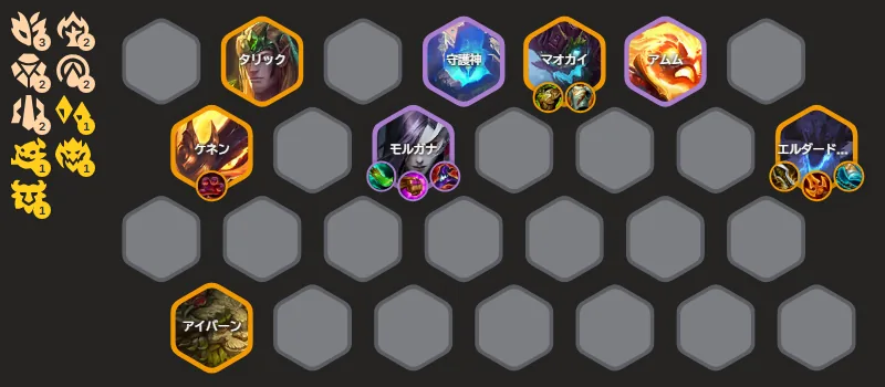 บอร์ด Elder Dragon 95 จากคลิป Kanata — Taric, Amumu หน้า / Kennen, Morgana, Elder Dragon กลาง / Ivern หลัง