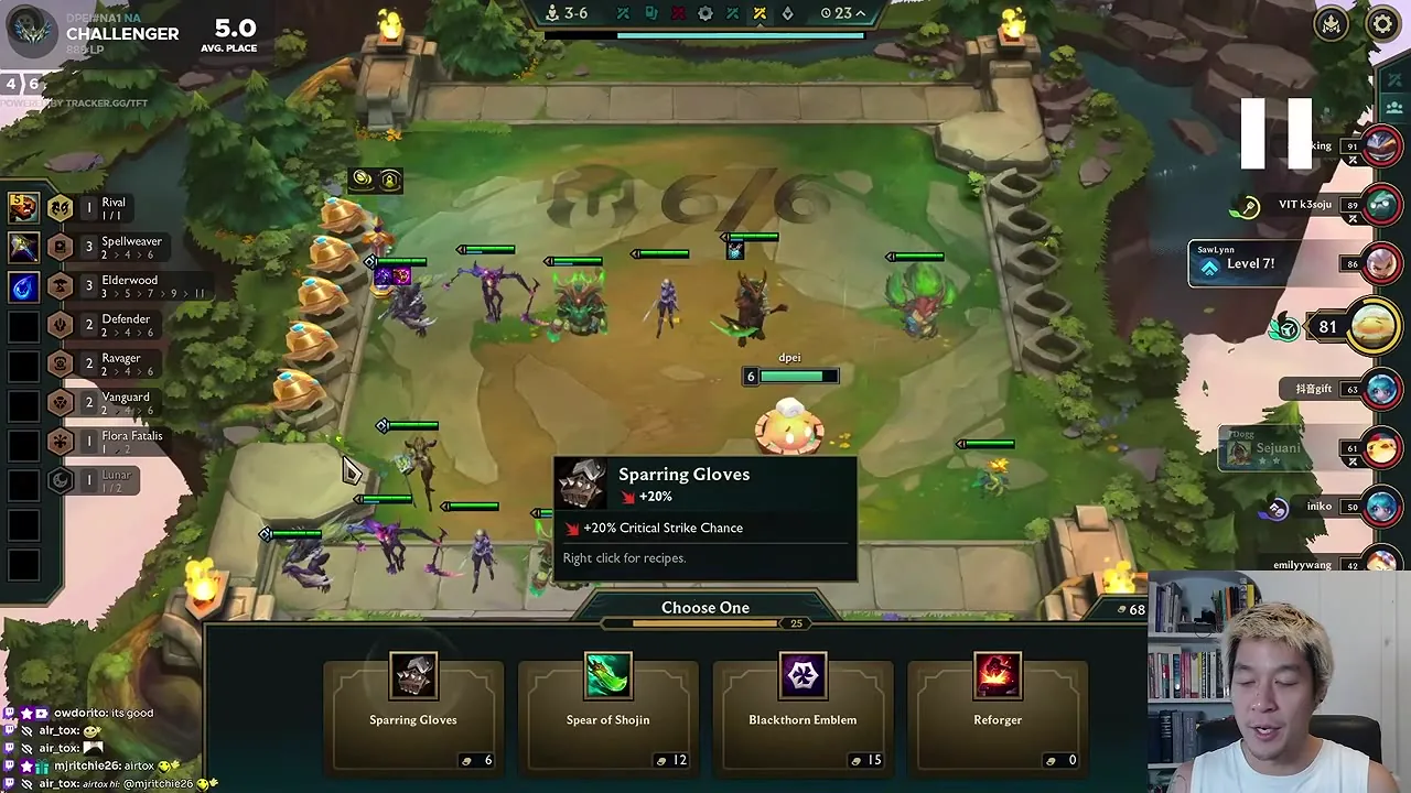 ที่ 13:20 (ด่าน 3-6) หน้าจอเลือกไอเทมมี Sparring Gloves, Spear of Shojin, Blackthorn Emblem และ Reforger ขณะที่เขาบอกว่า