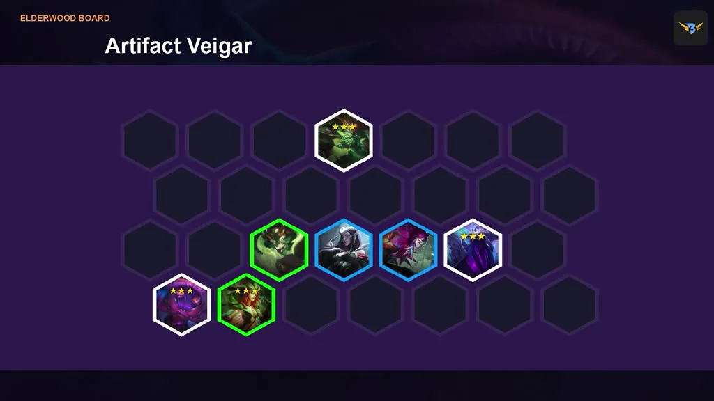 สไลด์บอร์ด Artifact Veigar บนบอร์ด Elderwood ที่ 13:25 มีป้ายดาวบนหลายยูนิต (สไลด์ไม่มีป้ายชื่อยูนิต ยืนยันชื่อ Veigar จ