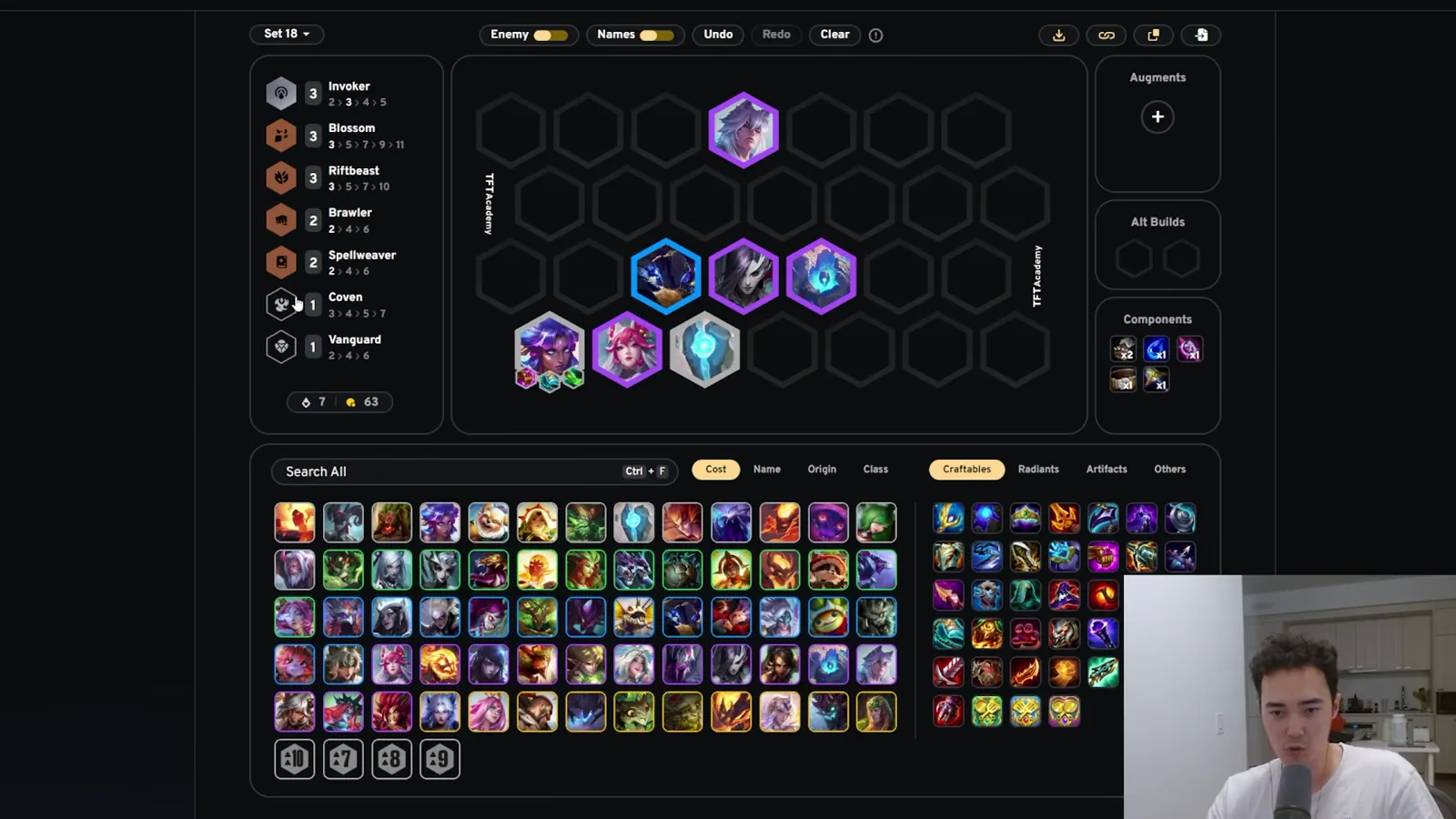บอร์ด Ahri Morgana ที่เลเวล 8 บน Team Builder — แถบซ้ายยืนยัน Invoker 3, Blossom 3 และ Riftbeast 3