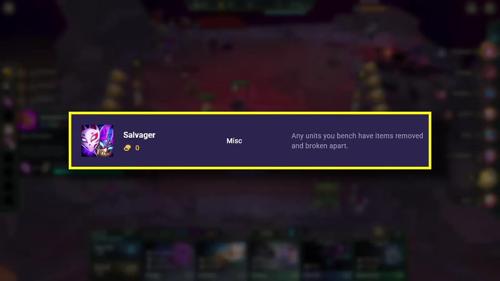 การ์ด Salvager — ยูนิตที่ถอดลงม้านั่งถูกแกะไอเทมเป็นชิ้นส่วน ราคา 0