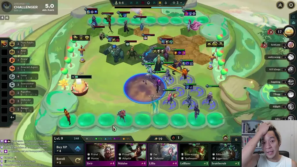 เลเวล 9 ด่าน 6-6 ที่ 31:25: แถบเทรต Lunar 4, Executioner 3, Rapidfire 2, Defender 2, Ravager 2 ร้านค้ามี Sivir, Nidalee,