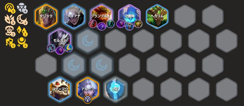 บอร์ด Invoker Morgana — Taric Diana Brambleback Sentinel Hecarim หน้า, Morgana กลาง, Kog'Maw Alune หลัง