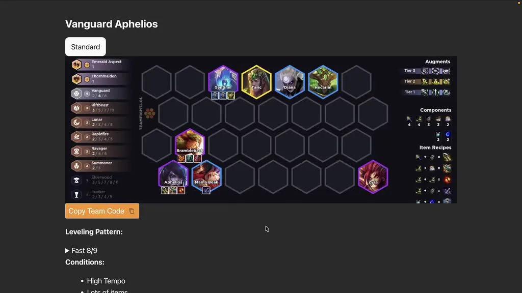 บอร์ด Vanguard Aphelios — Sentinel/Taric/Diana/Hecarim แถวหน้า, Brambleback กลาง, Aphelios/Mama Beak หลัง, Zyra มุมขวา —