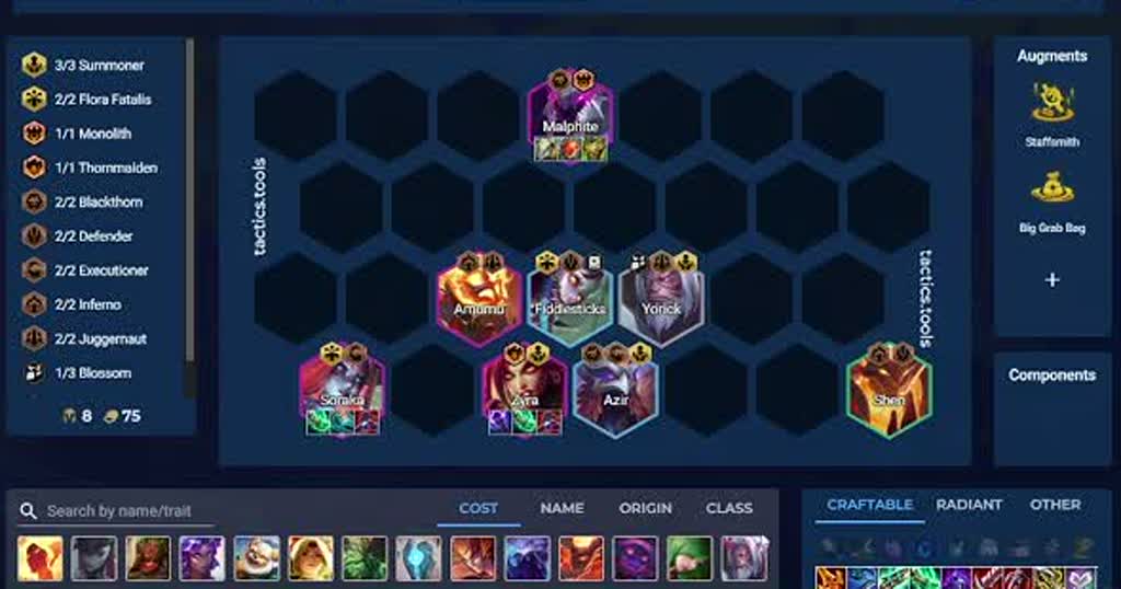 บอร์ด Soraka/Zyra/Malphite บน tactics.tools — Malphite โซโล่หน้า, Amumu/Fiddlesticks/Yorick กลาง, Soraka/Zyra/Azir/Shen