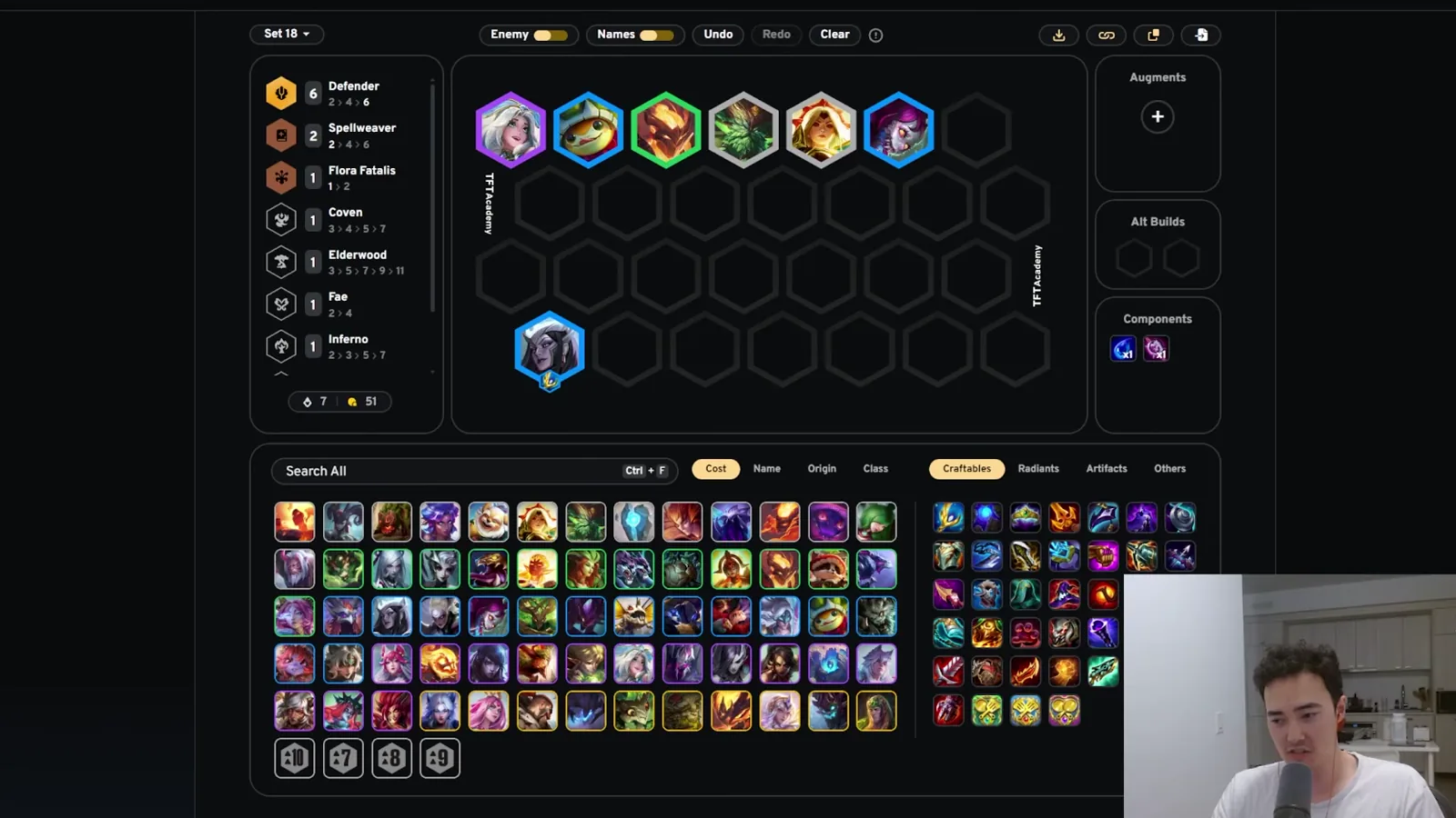 บอร์ด Defender Cassiopeia บน Team Builder — แถบซ้ายยืนยัน Defender 6 กับ Spellweaver 2