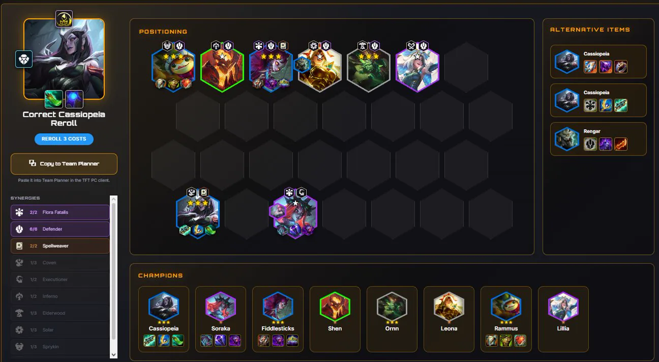 บอร์ด Correct Cassiopeia Reroll ของ @TFTtomus