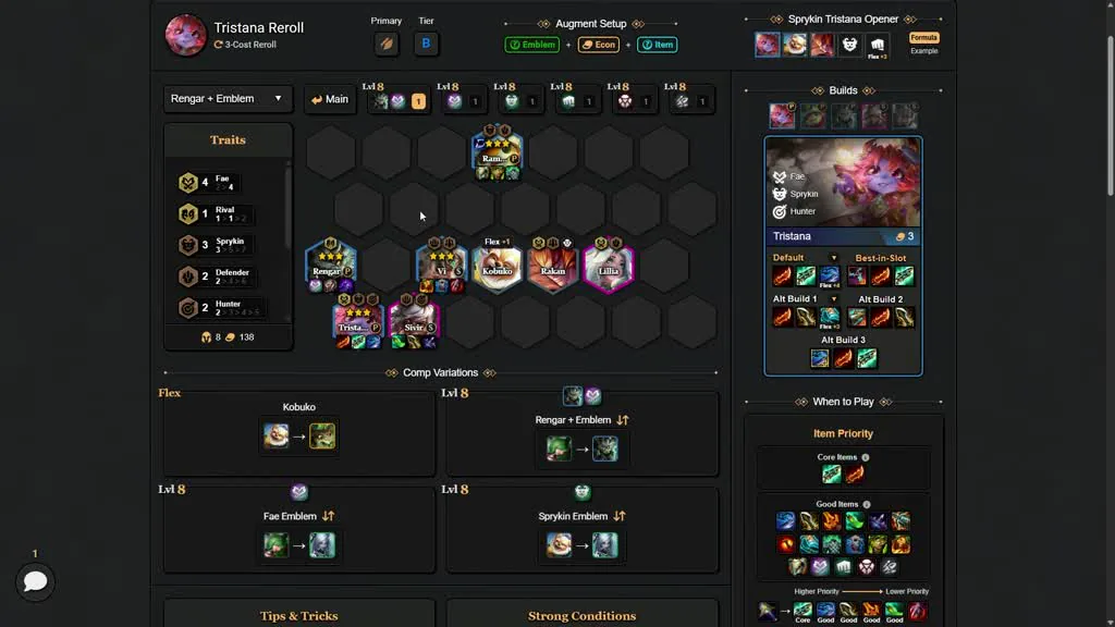 บอร์ด Tristana Reroll จาก TFT Flow — Rammus ยืนหน้าสุดตัวเดียว, Rengar/Vi/Kobuko/Rakan/Lillia กลาง, Tristana/Sivir หลัง
