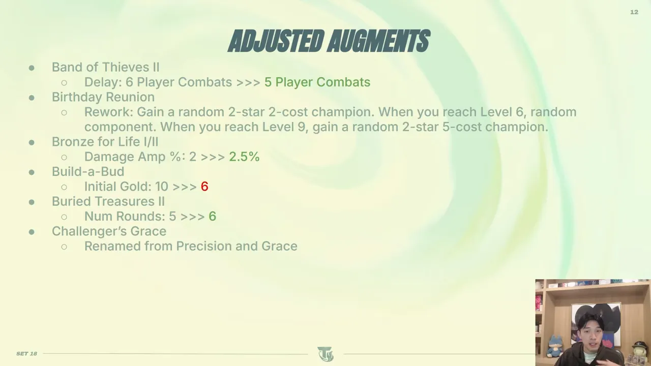 สไลด์ Adjusted Augments แผ่นแรก: Band of Thieves II ดีเลย์ 6→5 player combat, Birthday Reunion rework ได้ 2-cost 2 ดาวทั
