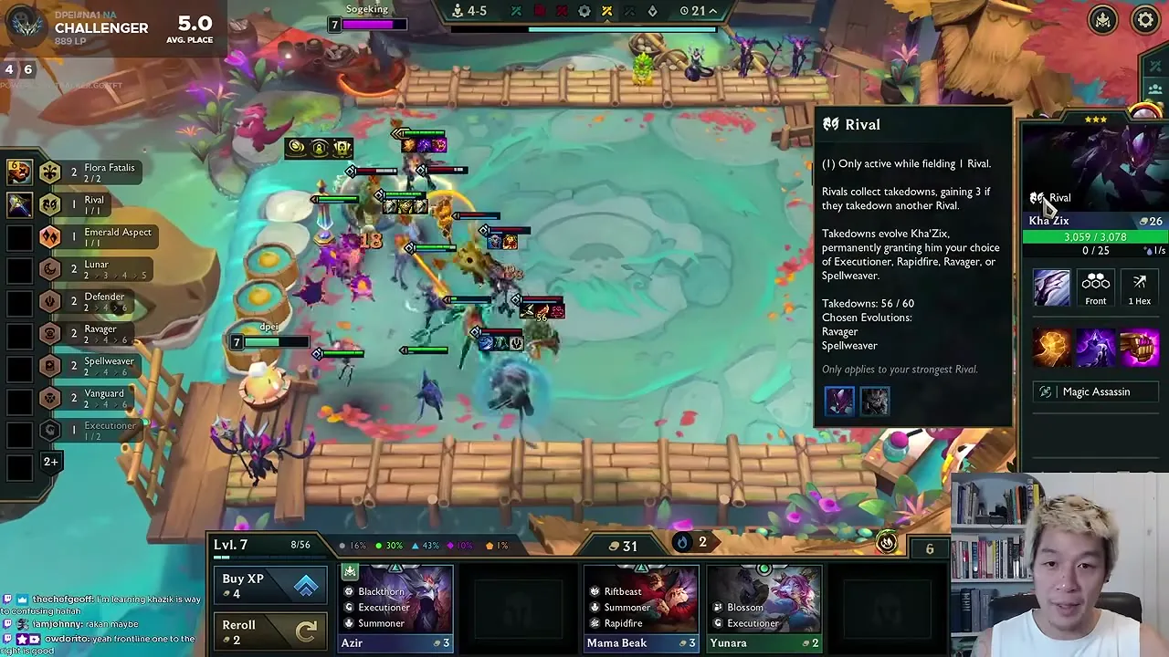 ที่ 20:55 (ด่าน 4-5) ช่วงที่เขาอธิบายตรรกะการวางตำแหน่งว่า Kha'Zix กระโดดไปแผงหลังได้ ป้าย Rival ของ Kha'Zix 3 ดาวแสดง T