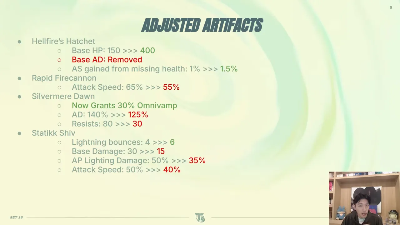 สไลด์ Adjusted Artifacts แผ่นสอง: Hellfire's Hatchet HP ฐาน 150→400 ตัด AD ฐาน AS จาก HP ที่หาย 1%→1.5%, Rapid Firecanno