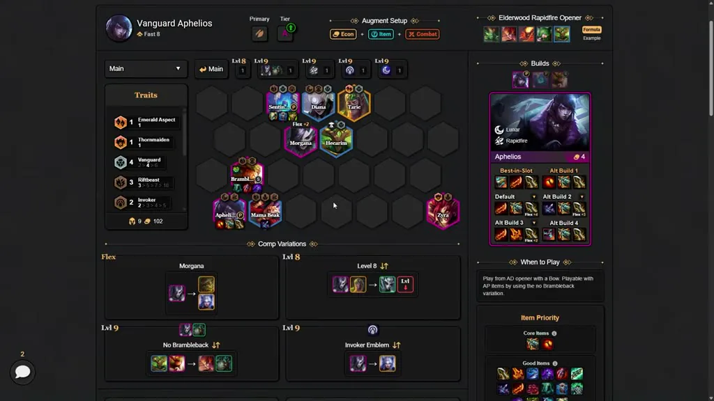 บอร์ด Vanguard Aphelios จาก TFT Flow — Sentinel/Diana/Taric หน้า, Morgana/Hecarim กลาง, Brambleback/Aphelios/Mama Beak/Z