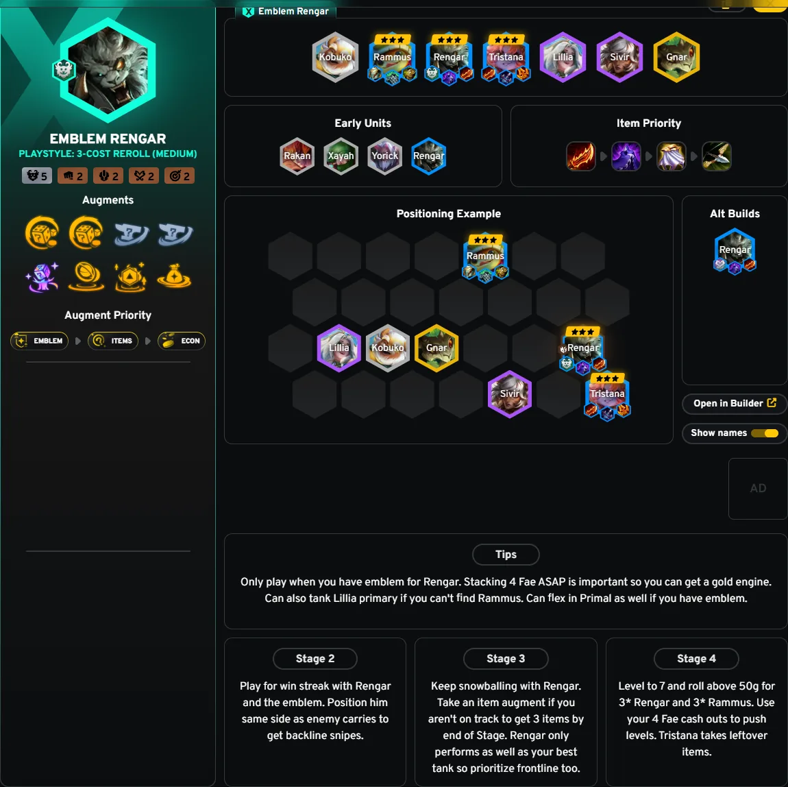 Emblem Rengar — การ์ด TFT Academy แพตช์ 18.1d แสดงบอร์ดหลักและตำแหน่งตัวอย่าง