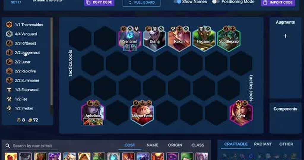 บอร์ด Aphelios Vanguard — Sentinel/Diana/Rakan/Hecarim/Scuttlecrab แถวหน้า, Aphelios/Mama Beak หลังซ้าย, Zyra มุมขวาหลัง