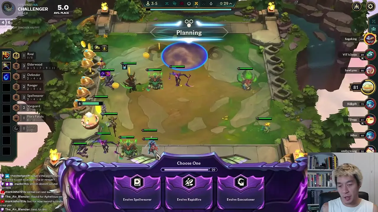 หน้าจอเลือกวิวัฒน์ของ Kha'Zix ที่ 12:07 (ด่าน 3-5): Evolve Spellweaver, Evolve Rapidfire และ Evolve Executioner