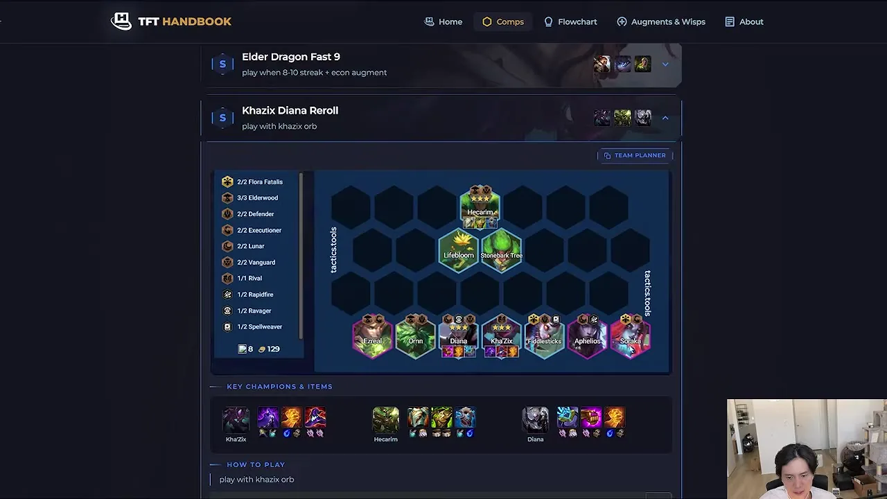 หน้าคอมพ์ Khazix Diana Reroll (S) บน TFT Handbook ที่ 4:50 ป้าย play with khazix orb: Hecarim 3 ดาวกับ Lifebloom, Stoneb