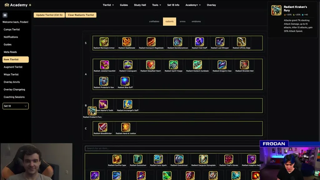 ตาราง Radiant ทั้งหมดจากเครื่องมือ Item Tierlist ของ TFT Academy ที่โชว์ในคลิป แบ่งเป็นสี่ระดับ