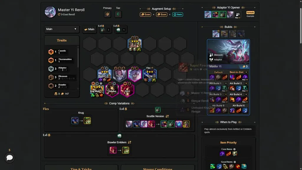 บอร์ด Master Yi Reroll จาก TFT Flow — Vi ยืนหน้าสุดตัวเดียว, Master Yi/Yorick/Sett/Krug กลาง, Kog'Maw/Nidalee/Zyra หลัง