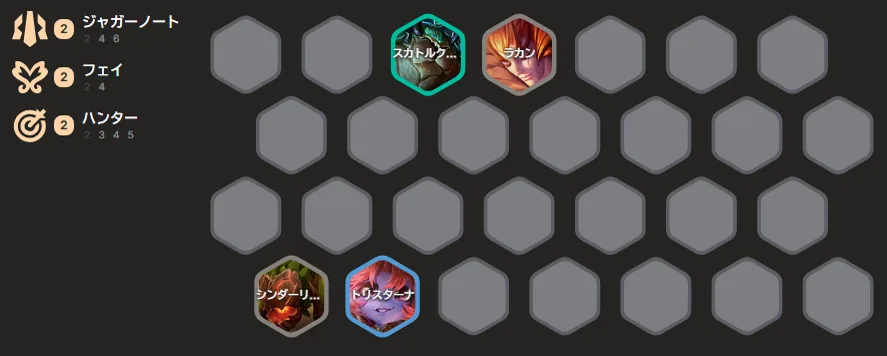บอร์ดช่วงต้นเกมสาย Cinderling: Scuttlecrab กับ Rakan แถวหน้า, Cinderling กับ Tristana แถวหลัง เปิด Juggernaut(2), Fae(2)