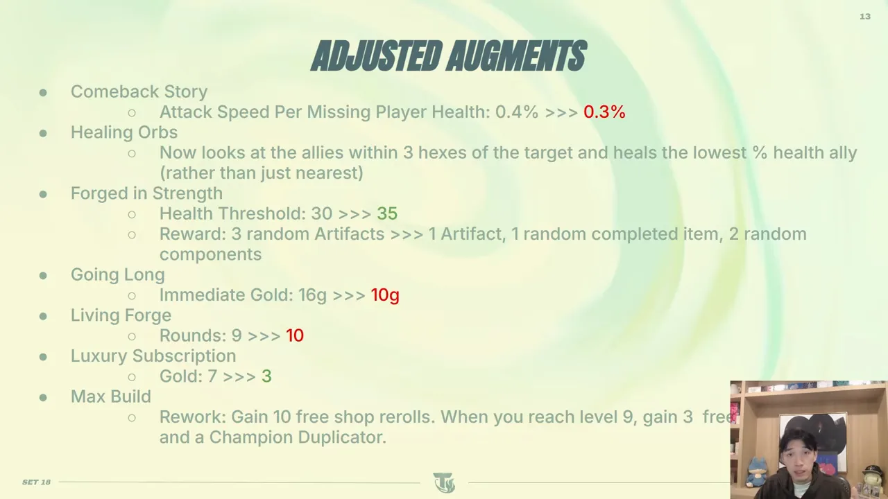 สไลด์ Adjusted Augments แผ่นสอง: Comeback Story AS ต่อ HP ผู้เล่นที่หาย 0.4%→0.3%, Healing Orbs ฮีลพันธมิตร %HP ต่ำสุดใน