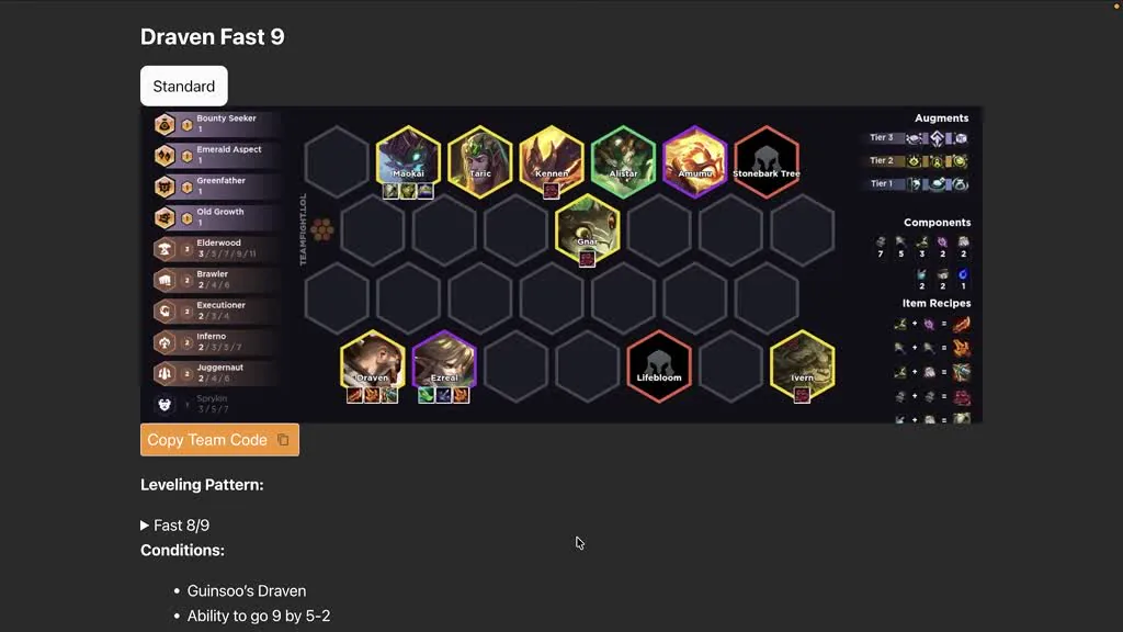 บอร์ด Draven Fast 9 — Maokai/Taric/Kennen/Alistar/Amumu/Stonebark Tree แถวหน้า, Gnar กลาง, Draven/Ezreal/Lifebloom/Ivern