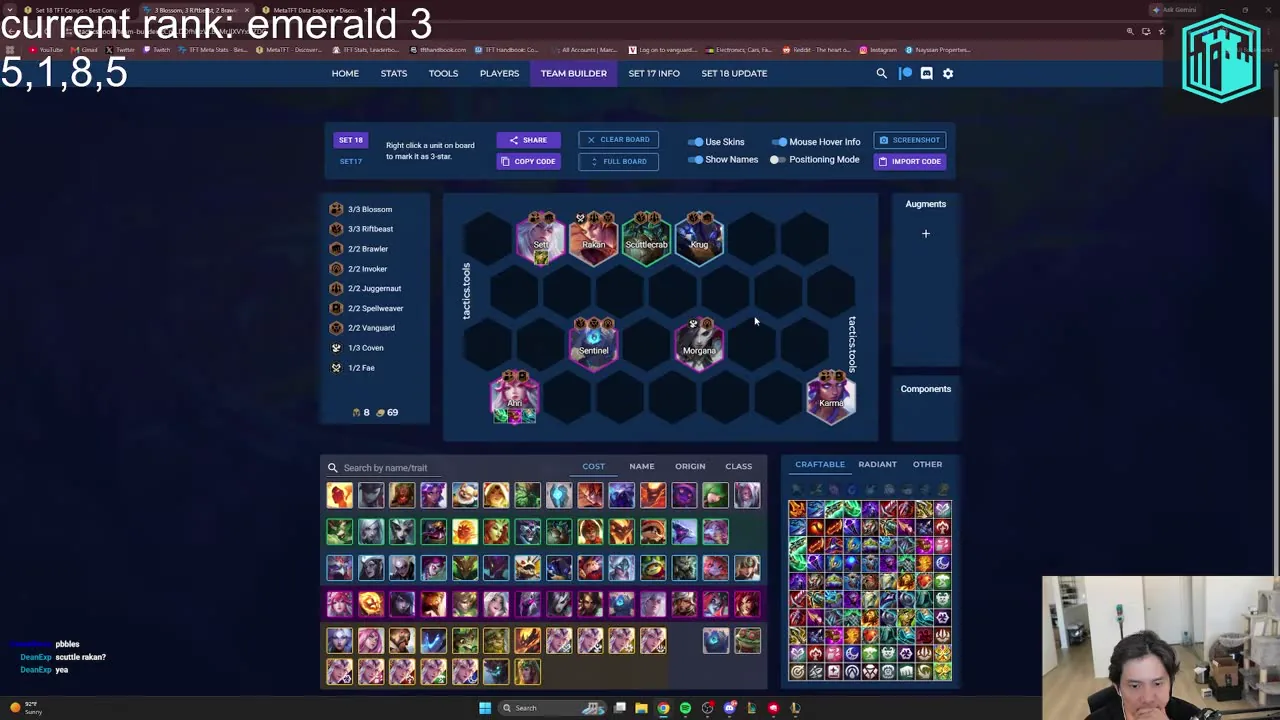 บอร์ด Ahri Morgana บนหน้า Team Builder เปิด Show Names — แถบซ้ายแสดงสายที่ติดครบ