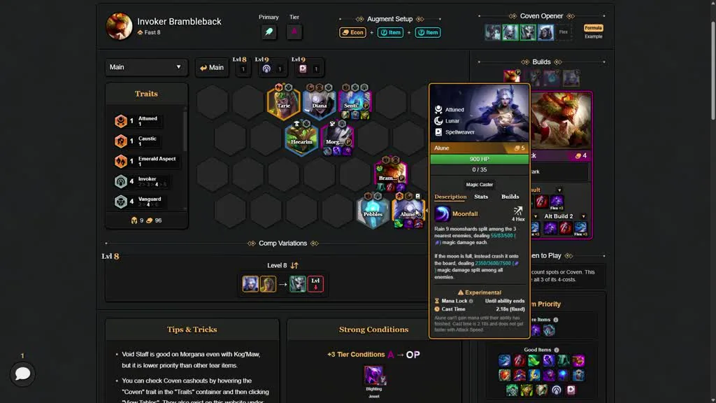 บอร์ด Invoker Brambleback จาก TFT Flow — Taric/Diana/Sentinel แถวหน้า, Hecarim/Morgana กลาง, Brambleback/Pebbles/Alune ห
