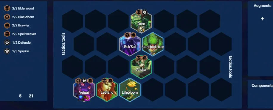 บอร์ด tactics.tools เลเวล 5 ทอง 21 — Ornn, Rek'Sai, Stonebark Tree, Alistar, Veigar, LeBlanc, Lifebloom