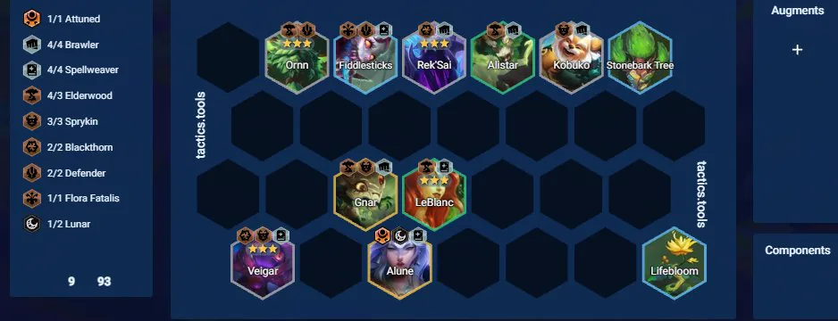 บอร์ด tactics.tools เลเวล 9 ทอง 93 — Ornn, Fiddlesticks, Rek'Sai, Alistar, Kobuko, Stonebark Tree, Gnar, LeBlanc, Veigar, Alune, Lifebloom