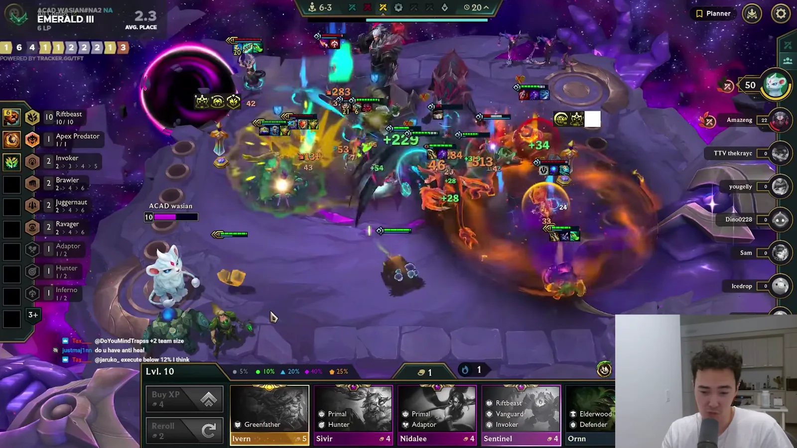 บอร์ดจริงที่เลเวล 10 ในเกมของผู้พูด — แถบซ้ายขึ้น Riftbeast 10/10 พร้อม Apex Predator และแสดงอันดับเฉลี่ย 2.3